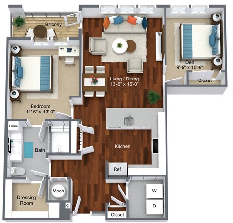 Floor plan for 2 beds, 1 bath, 974 sqft